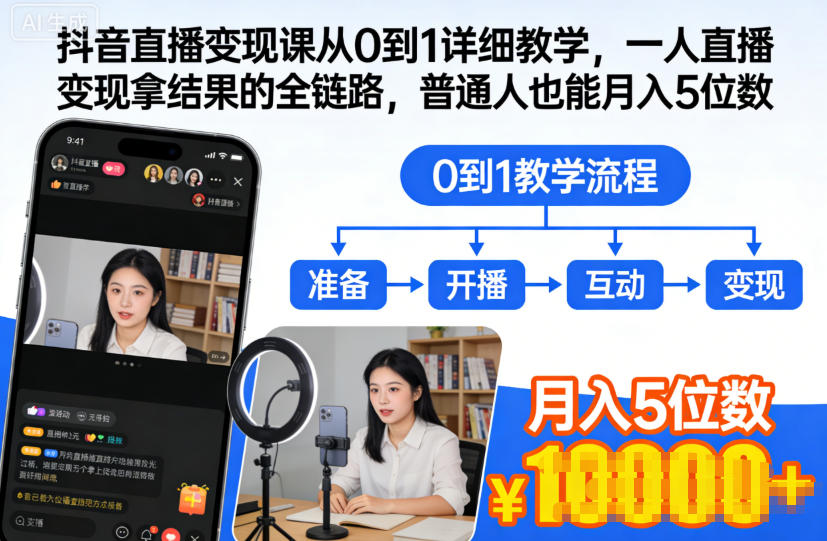 抖音直播变现课从0到1详细教学，一人直播变现拿结果的全链路，普通人也能月入5位数-极光库