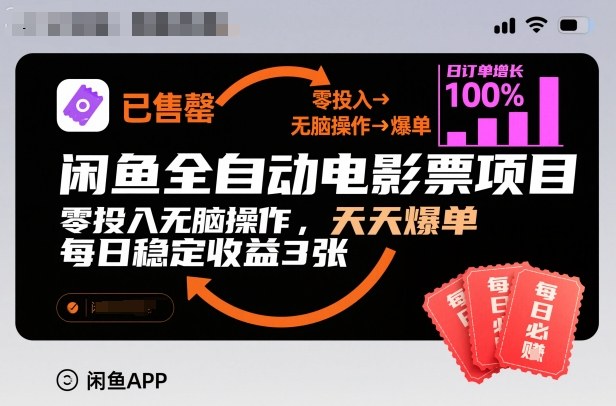 闲鱼全自动电影票项目，零投入无脑操作，天天爆单，每日稳定收益3张-极光库