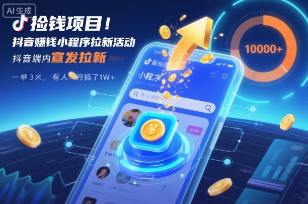 捡钱项目！抖音賺钱小程序拉新活动，抖音端内宣发拉新，一单3米，有人半个月搞了1W+-极光库