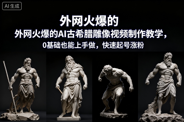 外网火爆的AI古希腊雕像视频制作教学，0基础也能上手做，快速起号涨粉-极光库
