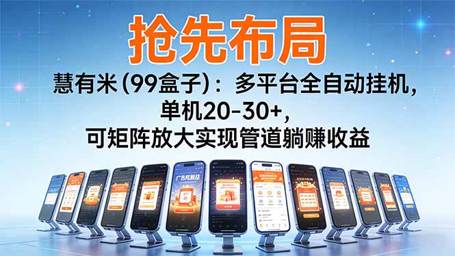 【抢先布局】慧有米（99盒子）：多平台全自动挂机，单机20-30+，可矩阵放大实现管道躺赚收益-极光库