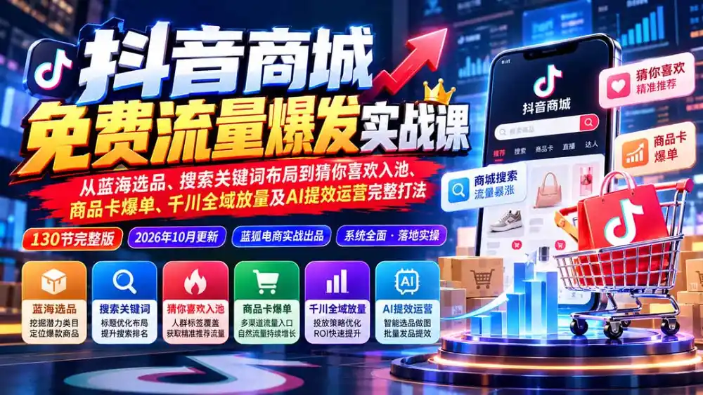 抖店城免费流量爆发实战-更新：蓝海选品、搜索关键词布局到猜你喜欢入池、商品卡爆单、千川全域放量及AI提效完整打法-极光库