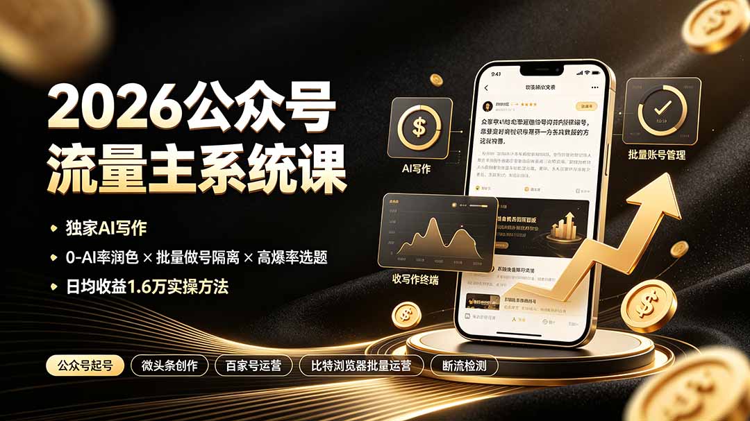 2026公众号流量主系统课：独家AI写作×0-AI率润色×批量做号隔离×高爆率选题，日均收益1.6万实操方法-极光库