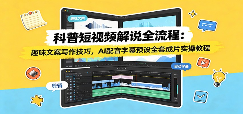 科普短视频解说全流程：趣味文案写作技巧，AI配音字幕预设全套成片实操教程-极光库