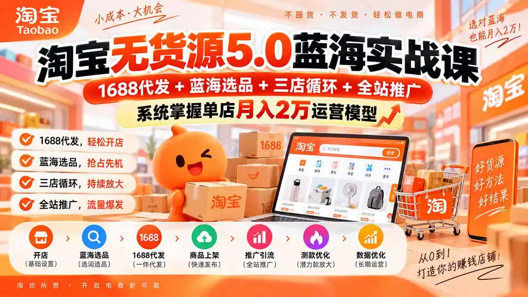 淘宝无货源5.0蓝海实战课：1688代发+蓝海选品+三店循环+全站推广