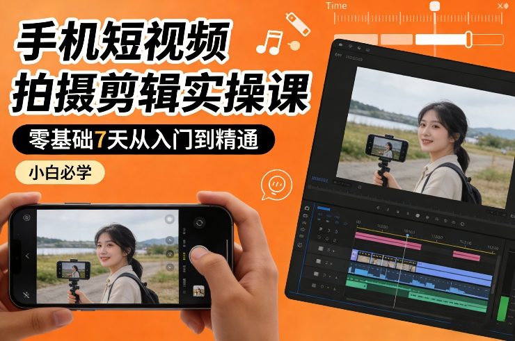 手机短视频拍摄剪辑实操课，零基础7天从入门到精通，小白必学-萤火虫教育