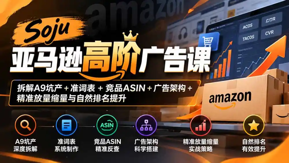 Soju亚马逊高阶广告课:拆解A9坑产+准词表+竞品ASIN+广告架构+精准放量缩量与自然排名提升-极光库