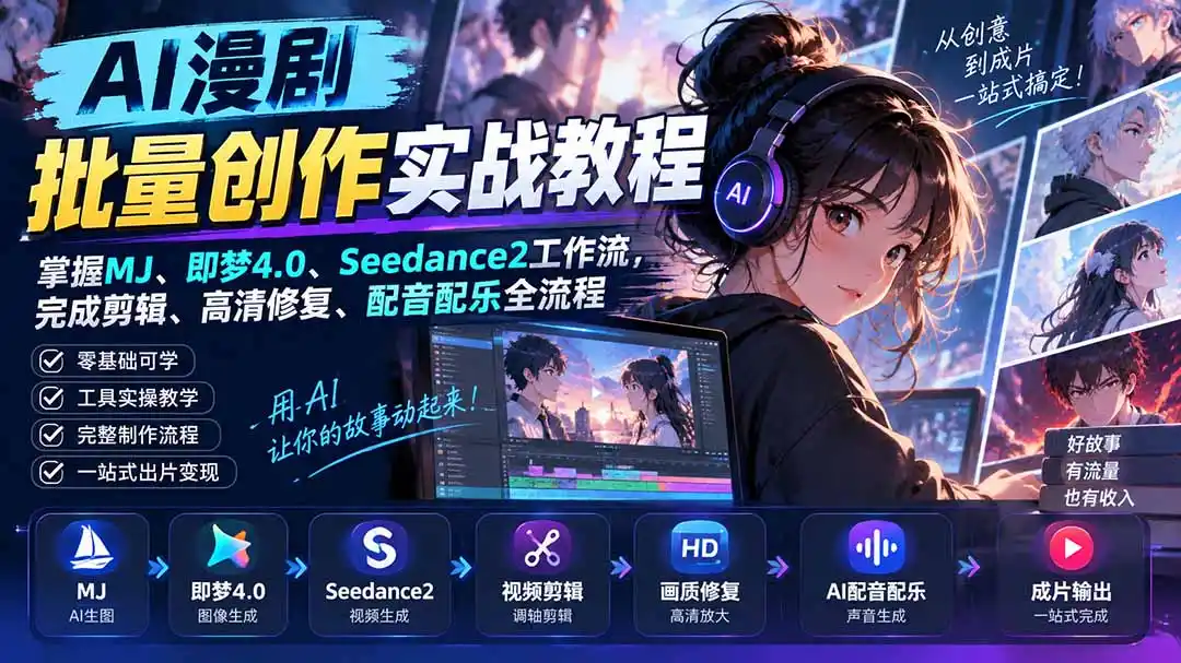 AI漫剧批量创作实战教程：MJ、即梦4.0、Seedance2工作流与全流程制作指南-极光库