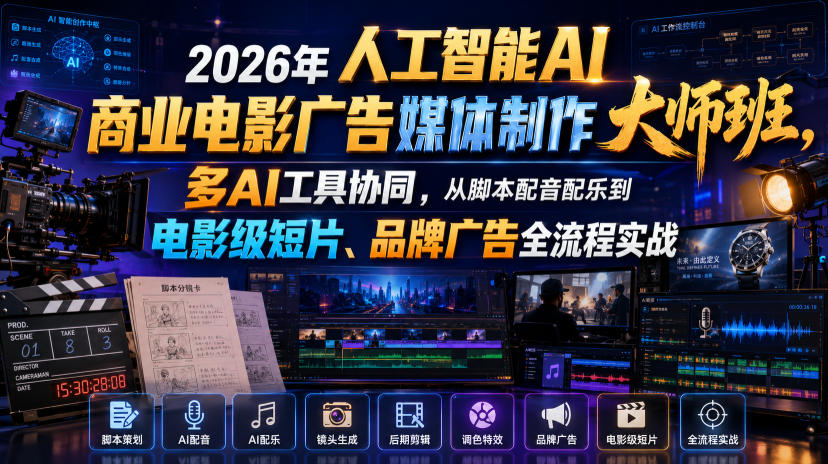 2026年人工智能AI商业电影广告媒体制作大师班，多AI工具协同，从脚本配音配乐到电影级短片、品牌广告全流程实战(中英字幕)-极光库
