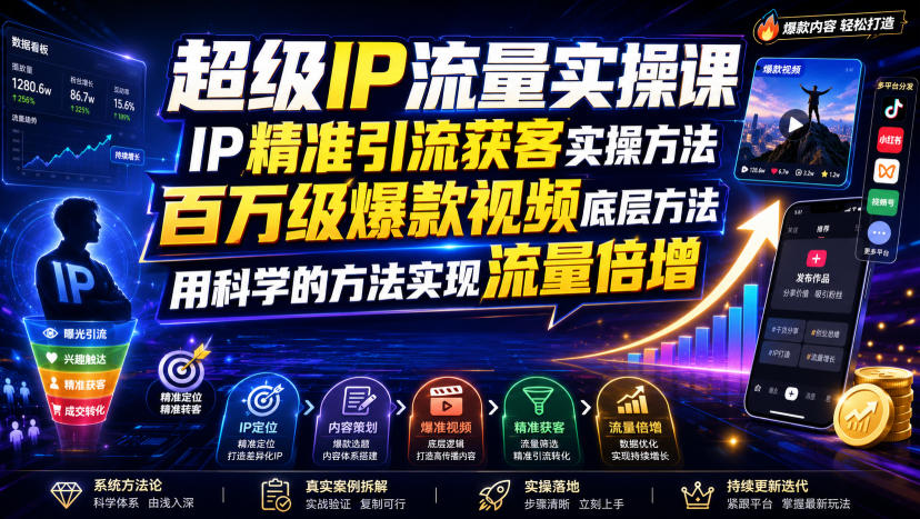 超级IP流量实操课：IP精准引流获客与百万爆款视频底层方法，科学实现流量倍增-极光库