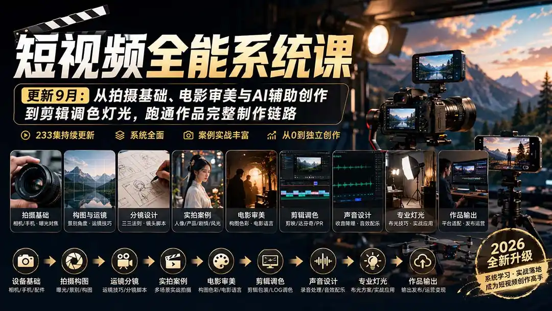 短视频全能系统课-9月完整版:从拍摄基础、电影审美与AI辅助创作到剪辑调色灯光,跑通作品完整制作链路 短视频全能系统课-9月完整版:从拍摄基础、电影审美与AI辅助创作到剪辑调色灯光,跑通作品完整制作链路