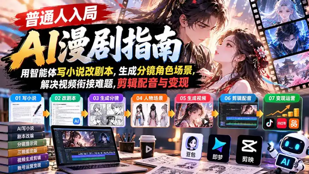 普通人入局AI漫剧指南:用智能体写小说改剧本,生成分镜角色场景,解决视频衔接难题,剪辑配音与变现-极光库