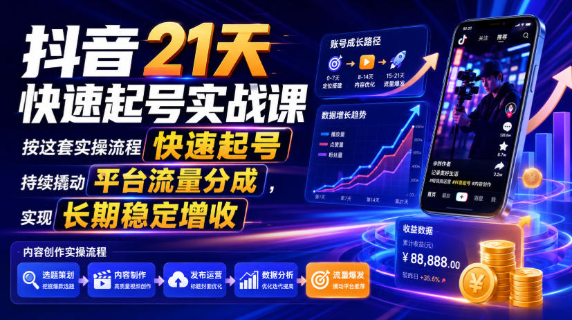 抖音21天快速起号实战课，按这套实操流程快速起号，持续撬动平台流量分成，实现长期稳定增收-极光库