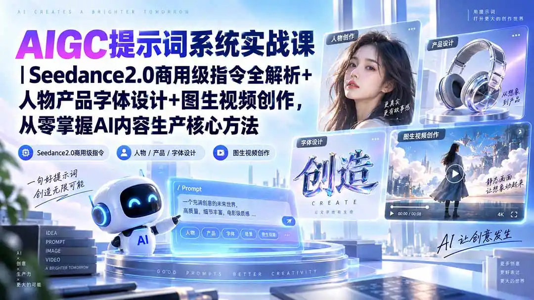 AIGC提示词系统实战课-无水印|Seedance2.0商用级指令全解析+人物产品字体设计+图生视频创作,掌握AI内容生产方法-极光库