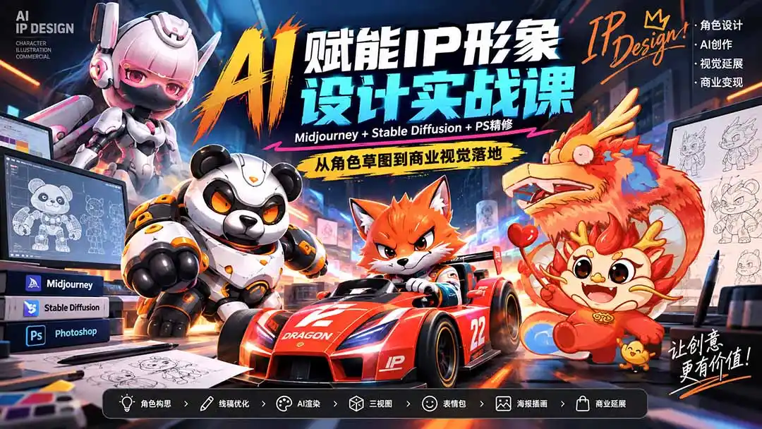 AI赋能IP形象设计实战课-无水印:Midjourney+Stable Diffusion+PS精修,从角色草图到商业视觉落地-极光库