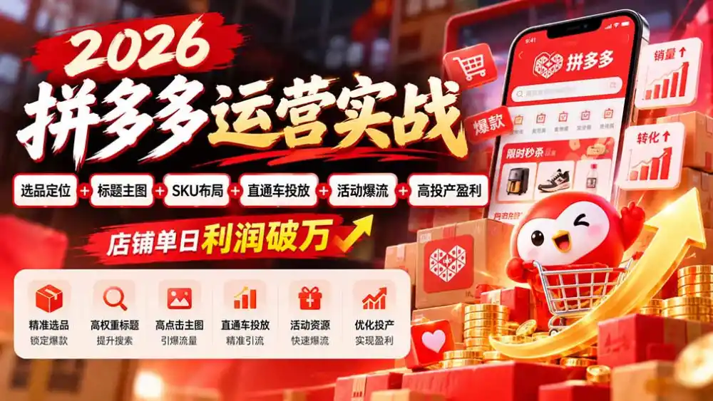 2026拼多多全链路运营实战：选品定位、标题主图、SKU布局、直通车投放、活动爆流与高投产盈利-极光库