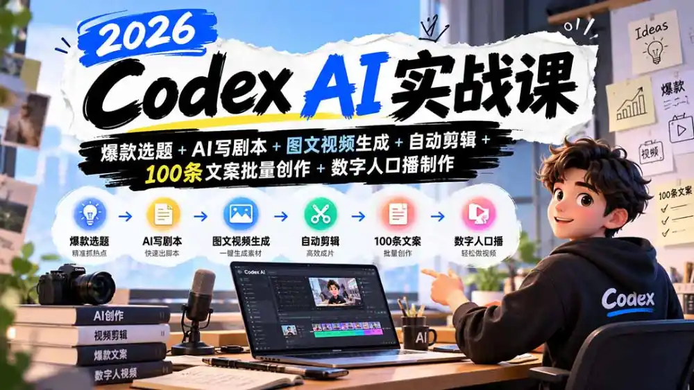 2026 Codex AI实战课:爆款选题+AI写剧本+图文视频生成+自动剪辑+100条文案批量创作+数字人口播制作-极光库