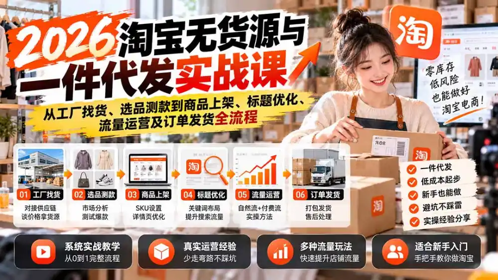 2026淘宝无货源与一件代发实战课:从工厂找货、选品测款到商品上架、标题优化、流量运营及订单发货全流程-极光库