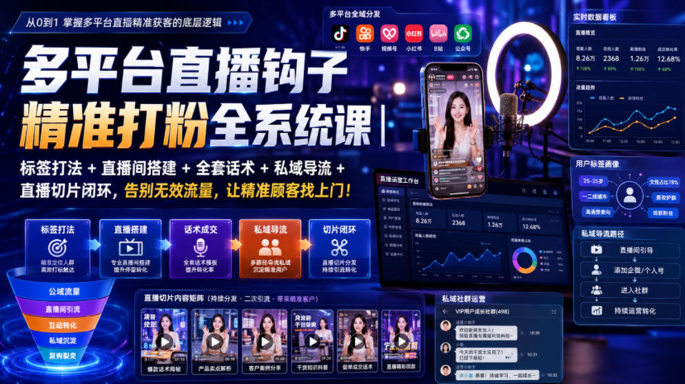 多平台直播钩子精准打粉全系统课｜标签打法+直播间搭建+全套话术+私域导流+直播切片闭环，告别无效流量，让精准顾客找上门！-极光库