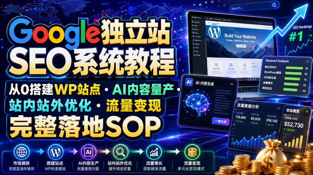 Google独立站SEO系统教程：从0搭建WP站点·AI内容量产·站内站外优化·流量变现完整落地SOP
