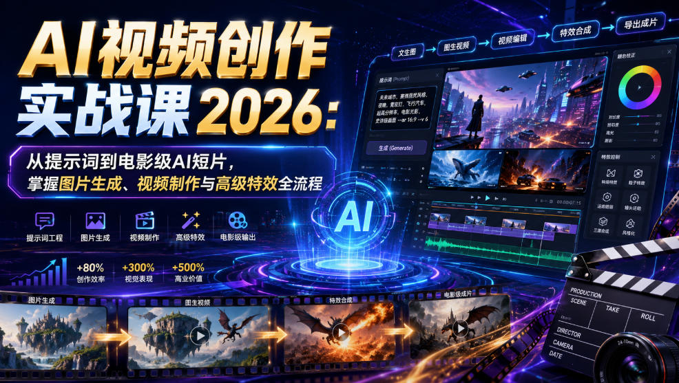AI视频创作实战课2026：从提示词到电影级AI短片，掌握图片生成、视频制作与高级特效全流程-极光库