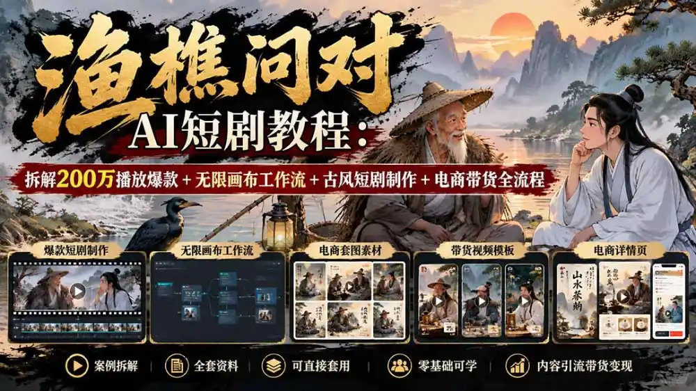 渔樵问对AI短剧教程:拆解200万播放爆款+无限画布工作流+古风短剧制作+电商带货全流程-极光库
