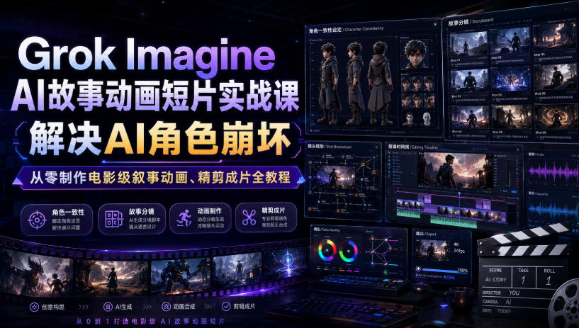 Grok Imagine AI故事动画短片实战课｜解决AI角色崩坏，从零制作电影级叙事动画、精剪成片全教程(中英字幕)-极光库