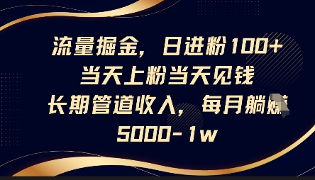 流量掘金,日进粉100+,当天上粉当天见钱,长期管道收入,每月躺挣5k-极光库