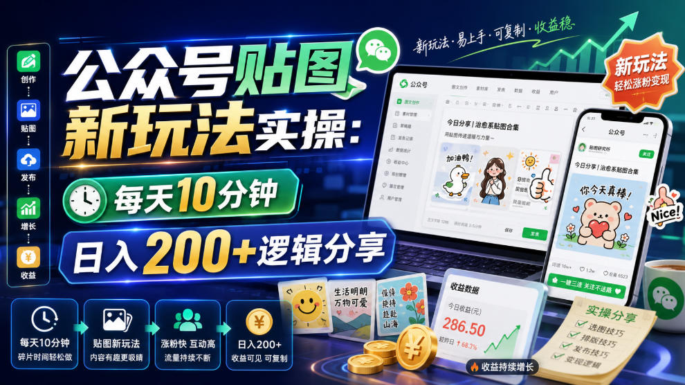 公众号贴图新玩法实操，每天10分钟，日入200+逻辑分享-极光库