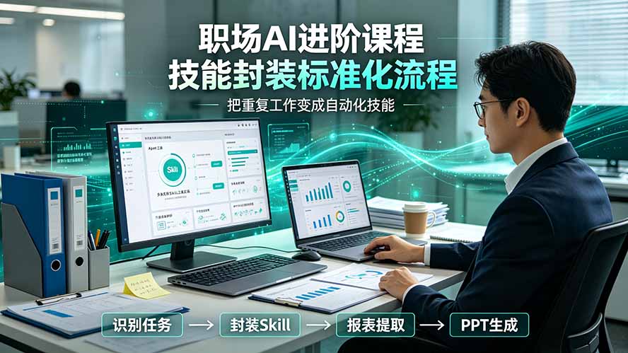 职场AI进阶课程：多类实用Skill工具实操，专属技能封装标准化流程，报表行业报告一键提取核心内容-极光库