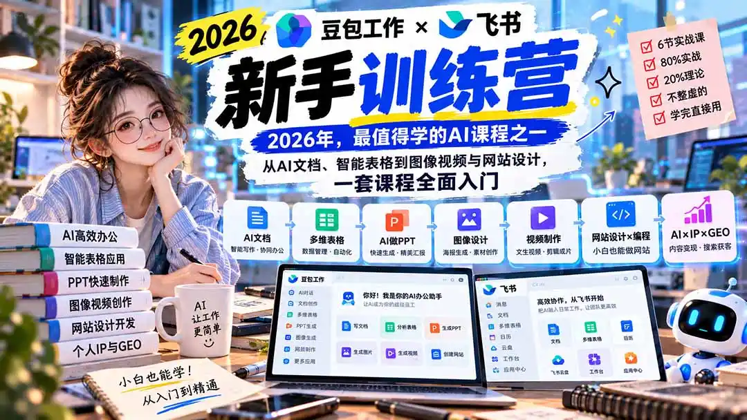 2026豆包办公+飞书新手训练营-9月新课:从AI文档、智能表格到图像视频与网站设计,一套课程全面入门-极光库