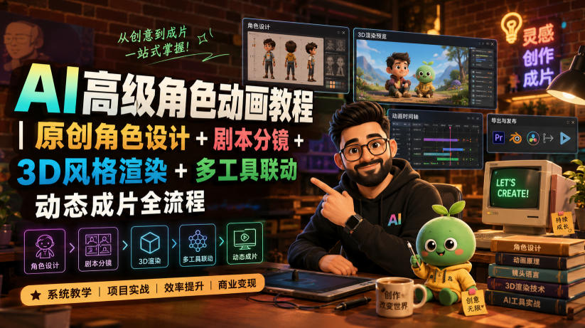 AI高级角色动画教程｜原创角色设计+剧本分镜+3D风格渲染+多工具联动动态成片全流程【中英字幕】-极光库