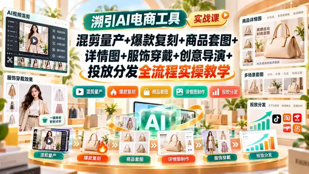 溯引AI电商工具实战课:混剪量产+爆款复刻+商品套图+详情图+服饰穿戴+创意导演+投放分发全流程实操教学-极光库