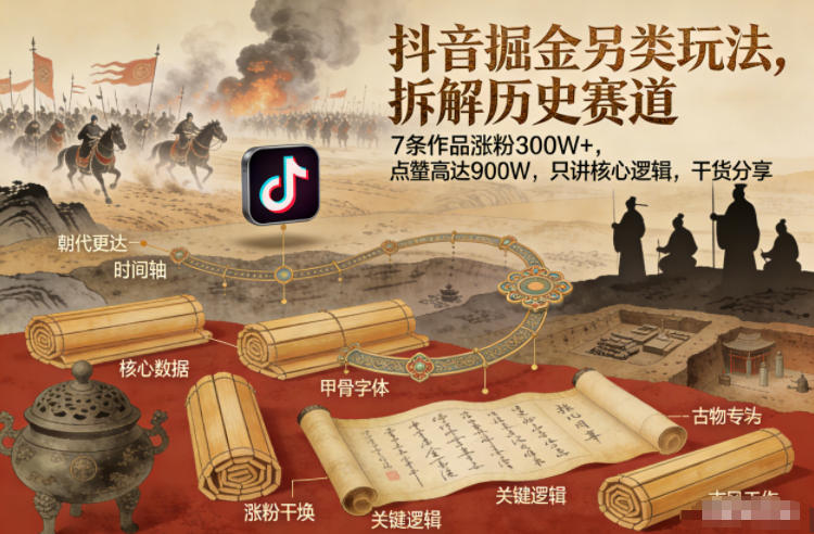 抖音掘金另类玩法,拆解历史赛道,7条作品涨粉300W+,点赞量高达900W,只讲核心逻辑,干货分享-亮剑学堂