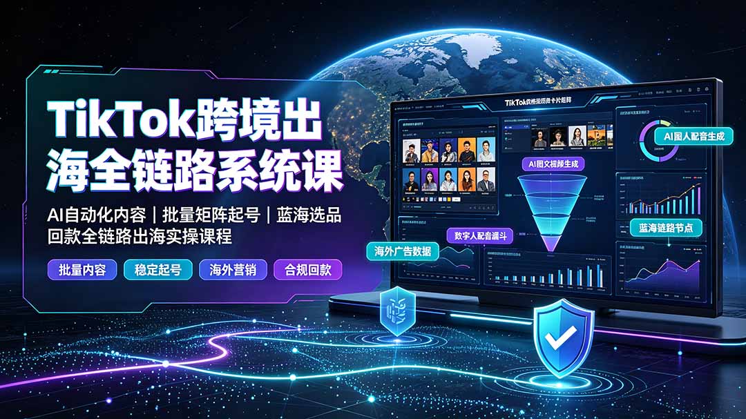 TikTok跨境出海全链路系统课-2026年7月：AI自动化内容｜批量矩阵起号｜蓝海选品回款全链路出海实操课程-极光库