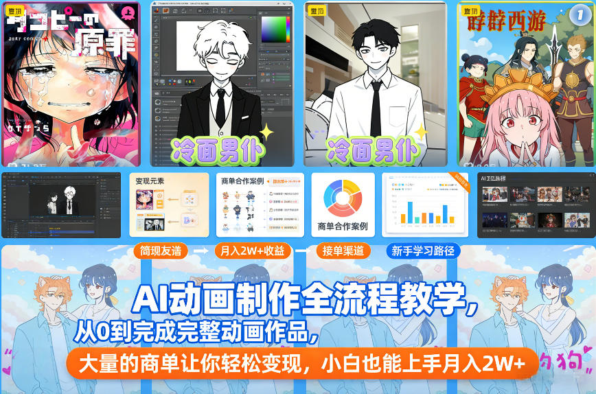 AI动画制作全流程教学,从0到完成完整动画作品,大量的商单让你轻松变现,小白也能上手月入2W+-亮剑学堂