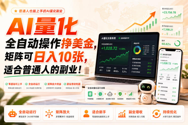 AI量化全自动操作挣美金,矩阵可日入10张,适合普通人的副业-极光库