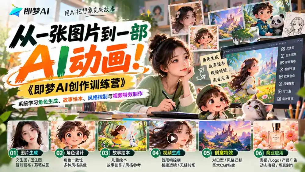从一张图片到一部AI动画！即梦AI创作训练营：角色生成、故事绘本、风格控制与视频特效-极光库