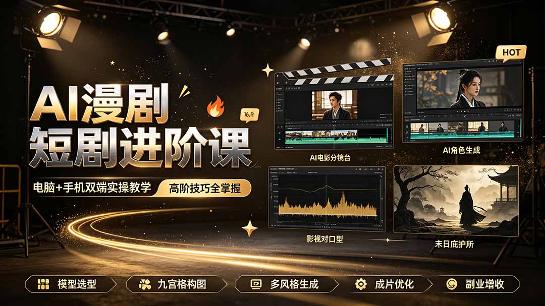 AI漫剧短剧进阶课｜电脑+手机双端实操教学｜影视剧对口型人物吃瓜×解压末日庇护所全程讲解，高阶技巧全掌握-极光库