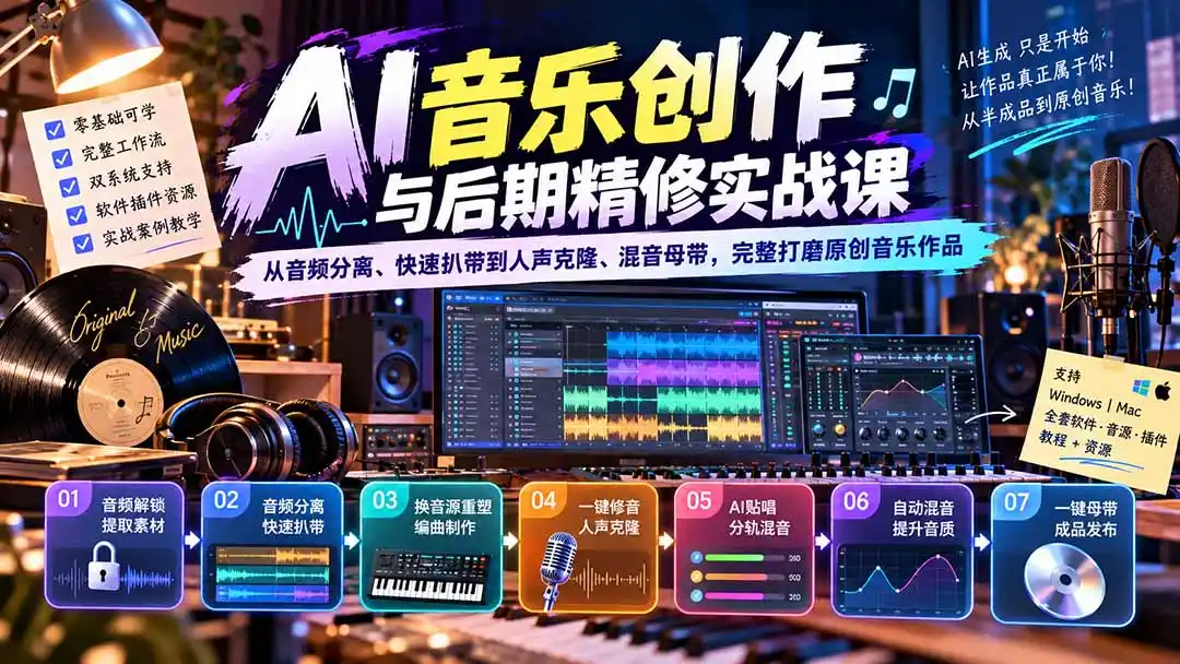 AI音乐创作与后期精修实战课:从音频分离、快速扒带到人声克隆、混音母带,完整打磨原创音乐作品-极光库