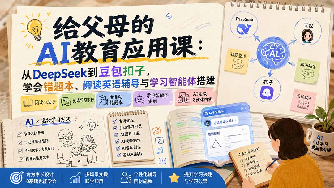 给父母的AI教育应用课:从DeepSeek到豆包扣子,学会错题本、阅读英语辅导与学习智能体搭建-极光库