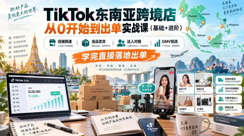 TikTok东南亚跨境店从0到出单实战课：店铺搭建、选品发货、达人对接、GMV投流全攻略