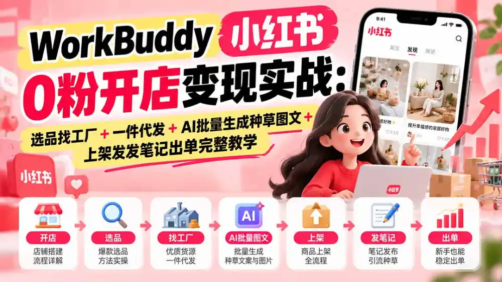 WorkBuddy小红书0粉开店变现实战：选品找工厂+一件代发+AI批量生成种草图文+上架发布笔记出单完整教学