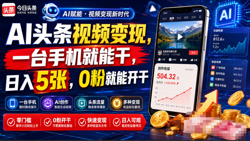 AI头条视频变现，一台手机就能干，日入5张，0粉就能开干-极光库