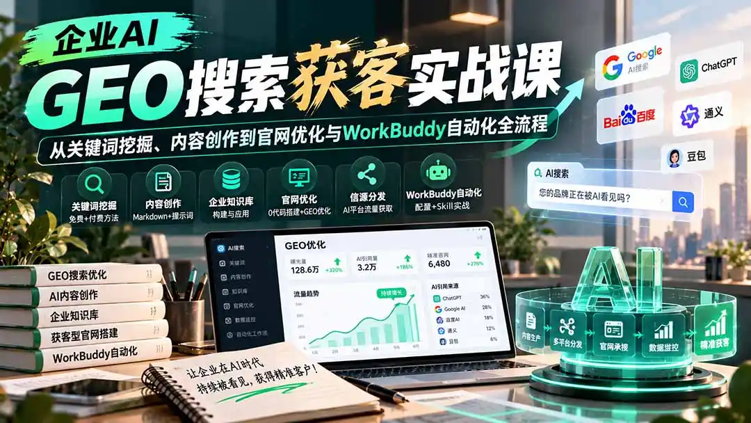 企业AI GEO搜索获客实战课:关键词挖掘、内容创作、官网优化与WorkBuddy自动化全流程-极光库