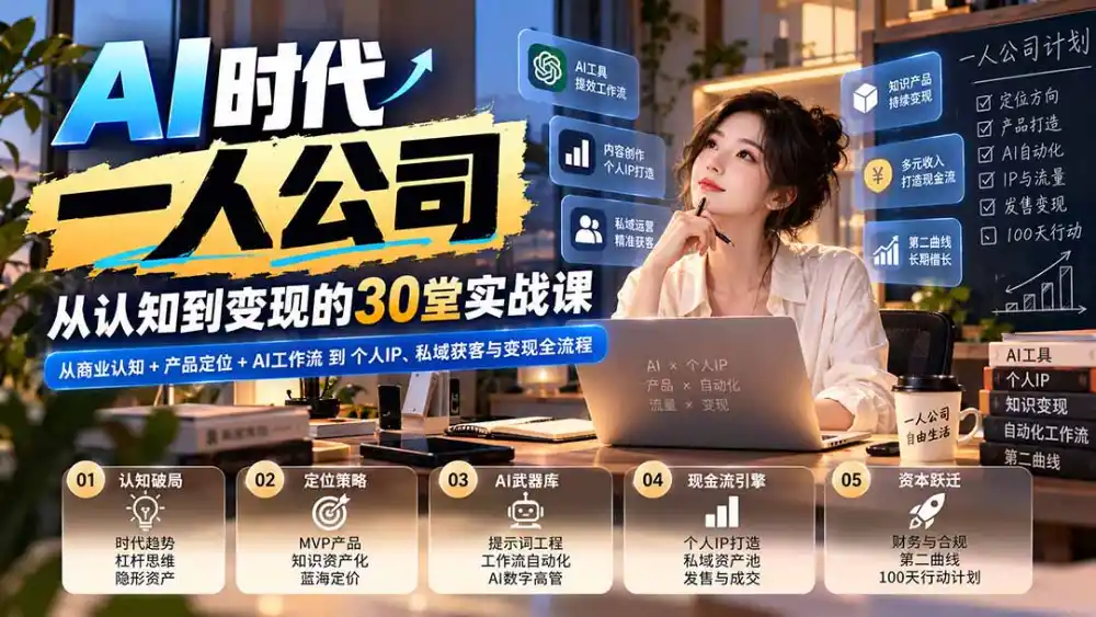 AI时代一人公司30堂实战课：无广告版商业认知、产品定位、AI工作流与变现全流程-极光库