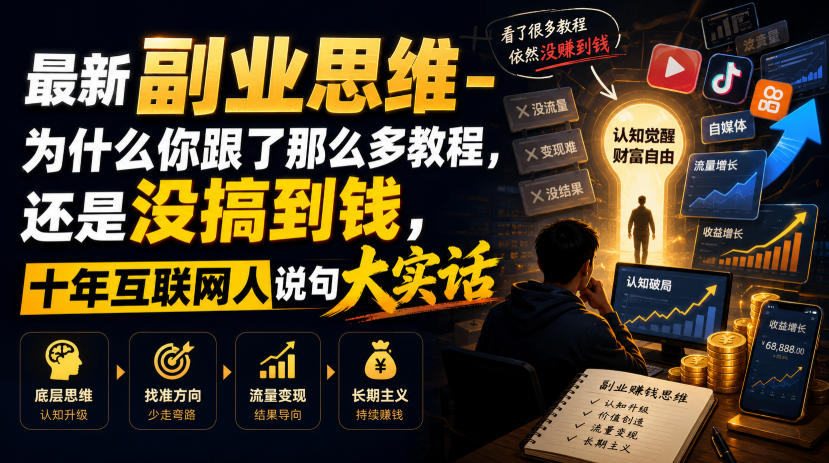 最新副业思维-为什么你跟了那么多教程，还是没搞到钱，十年互联网人说句大实话【揭秘】-极光库