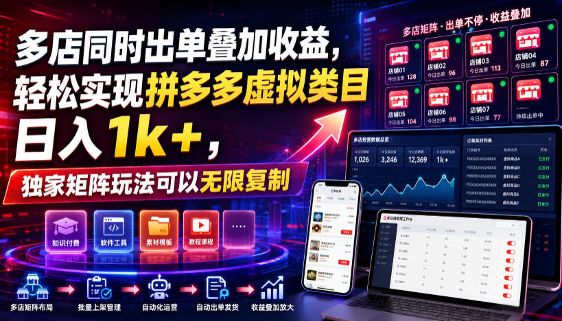 多店同时出单叠加收益，轻松实现拼多多虚拟类目日入1k+，独家矩阵玩法可以无限复制【揭秘】-极光库