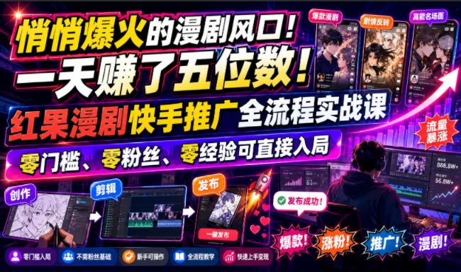 漫剧推广快手实操：零门槛副业日入五位数的暴利风口