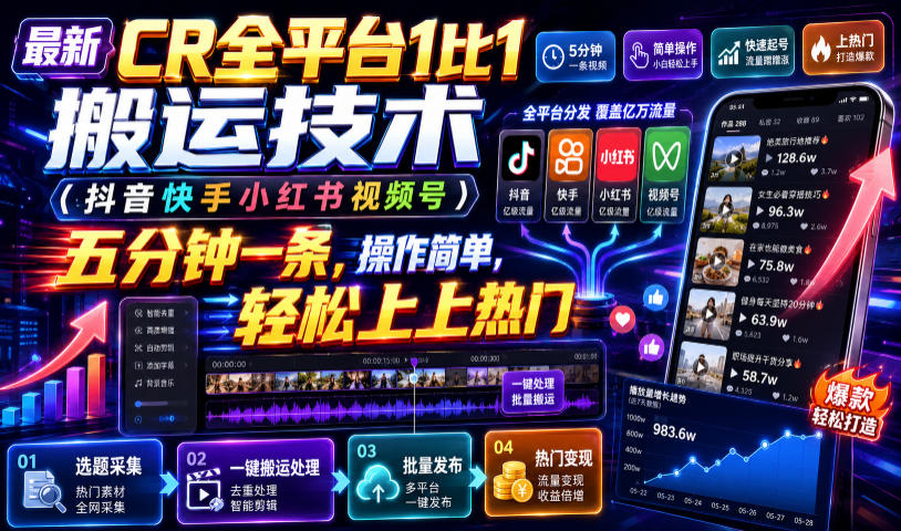 CR全平台1比1搬运技术：抖音快手小红书视频号五分钟上热门-极光库